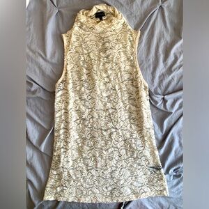 Buckle Cream Lace Sleeveless Top Sheer Mock Neck Floral Lace Undershirt